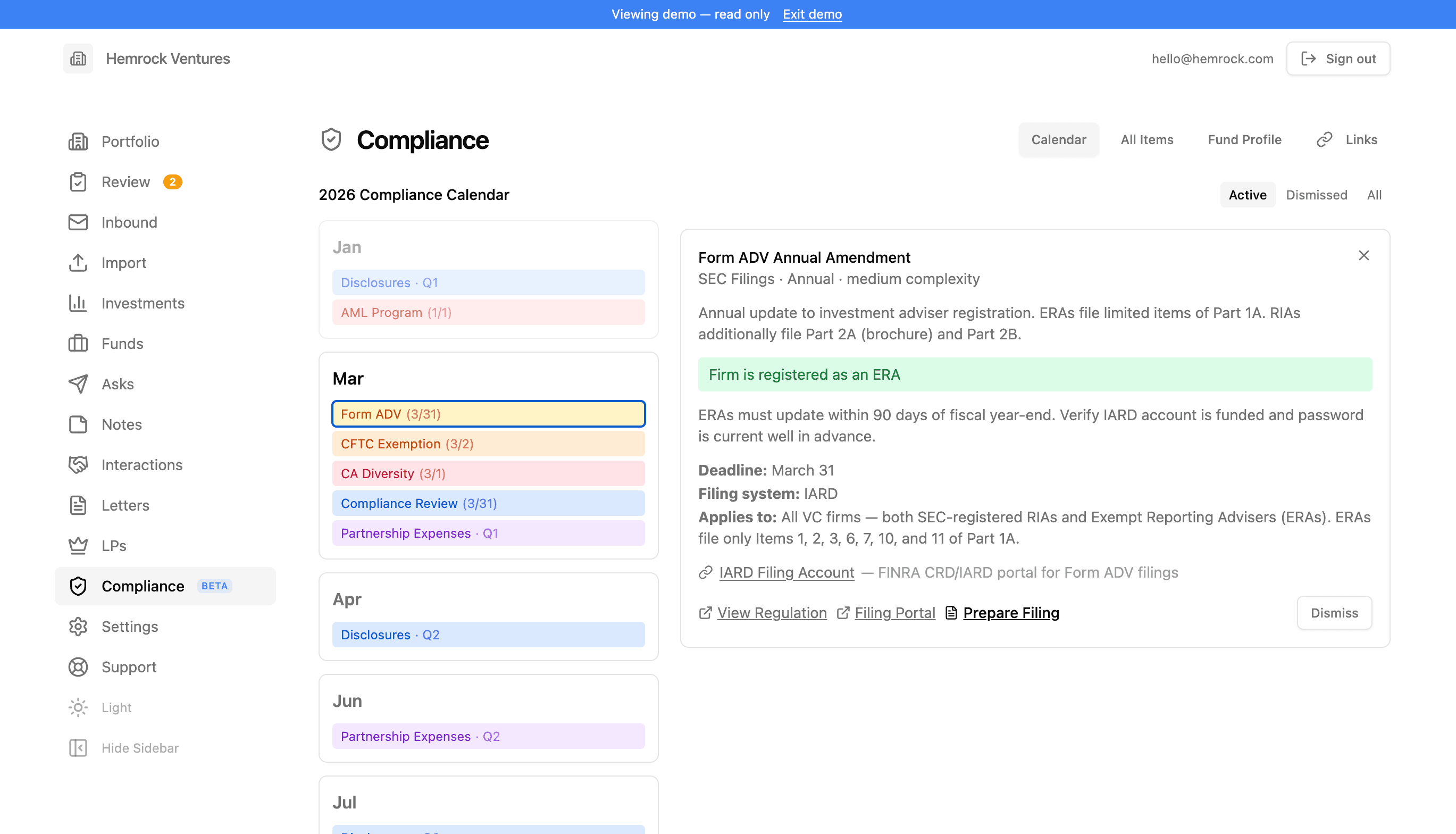 Compliance calendar of filings and deadlines tailored to the fund