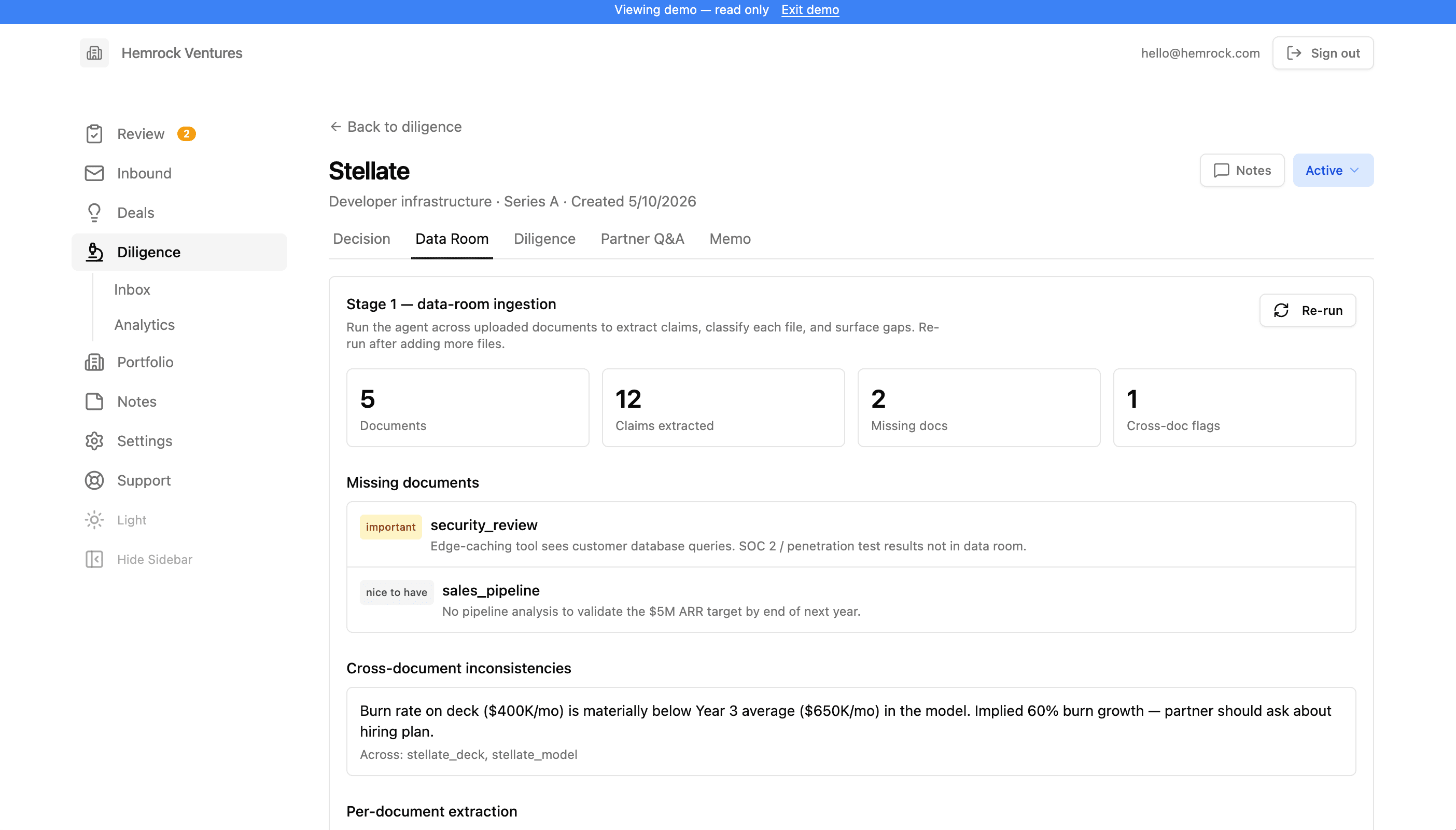AI-drafted diligence memo with paragraph-level provenance