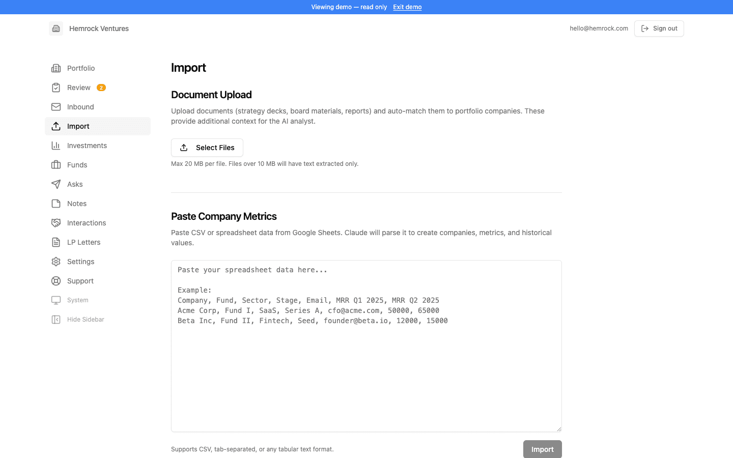 Bulk import of portfolio data from a spreadsheet or pasted text