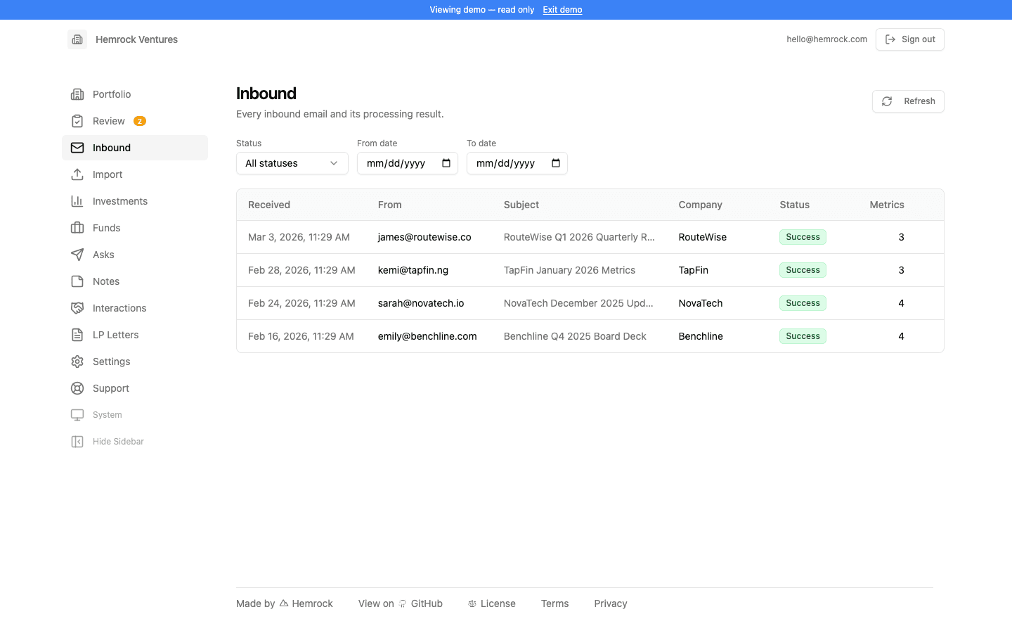 Inbound view where forwarded founder updates are parsed into metrics
