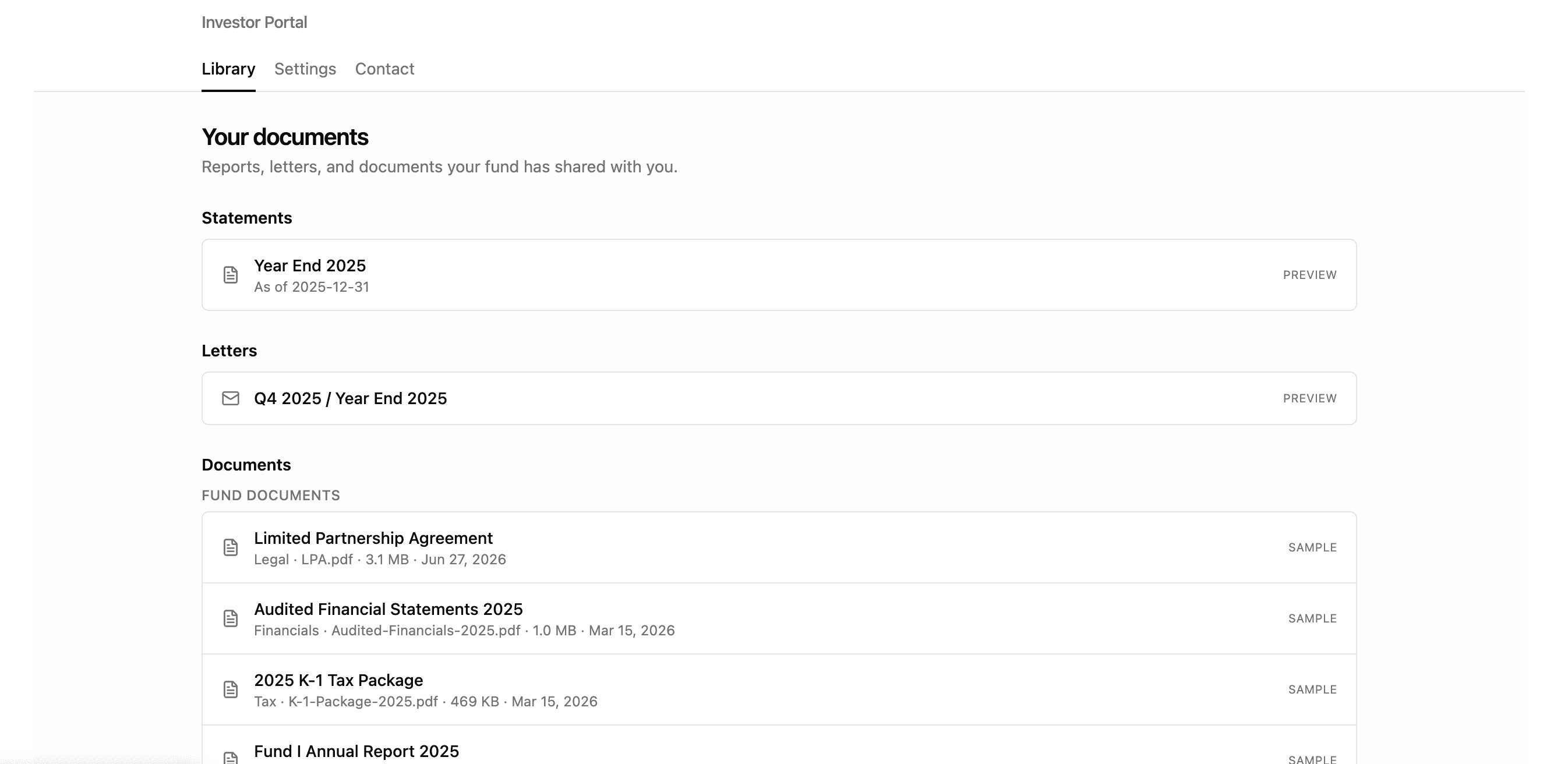 Fund-branded LP portal for statements, letters, and documents