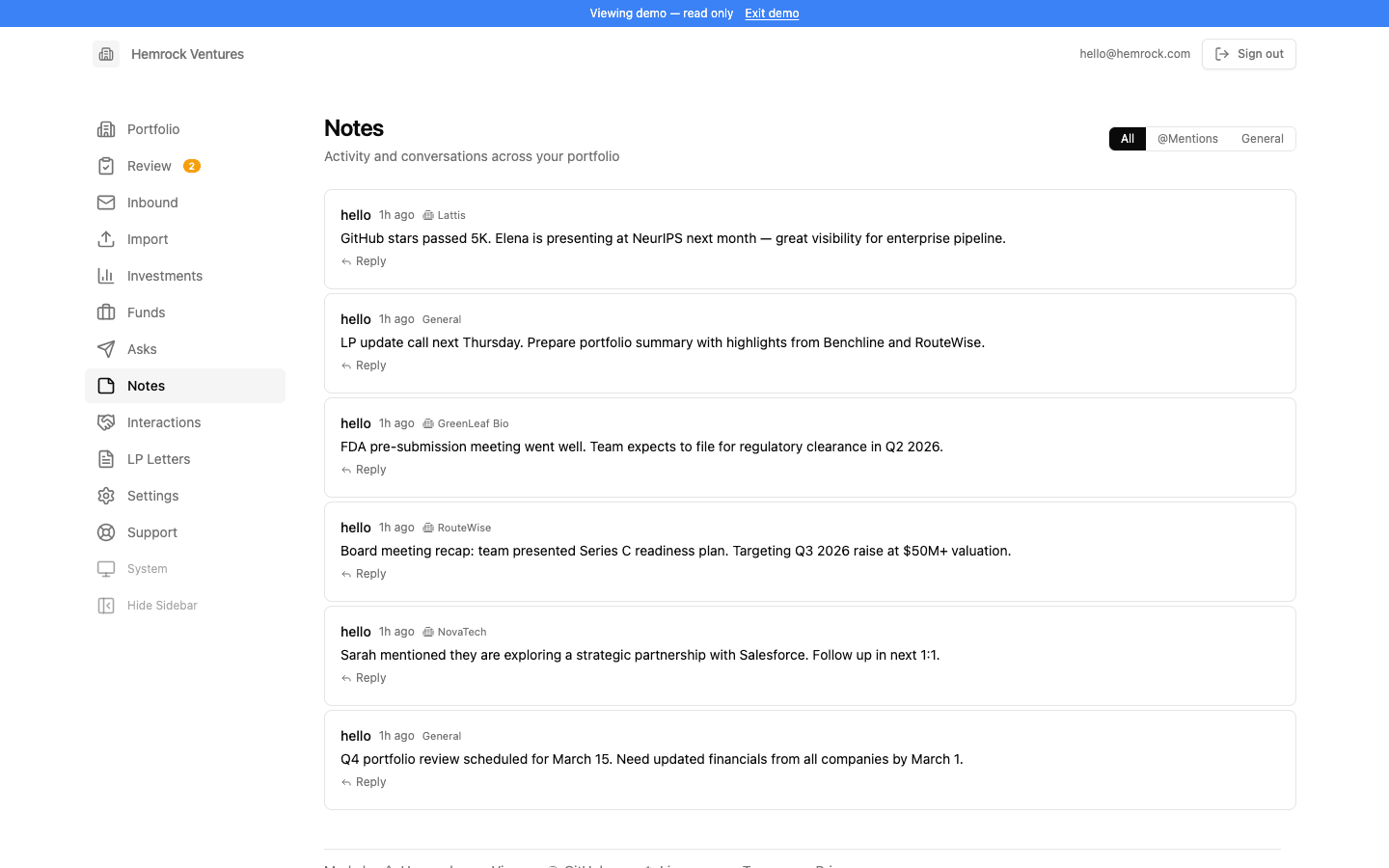 Notes and lightweight CRM tracking intros and qualitative work
