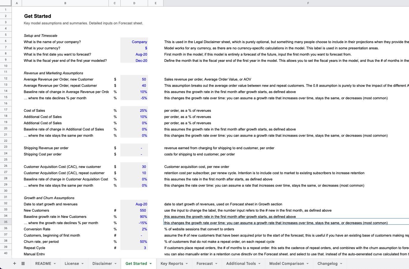 Get Started Inputs Sheet