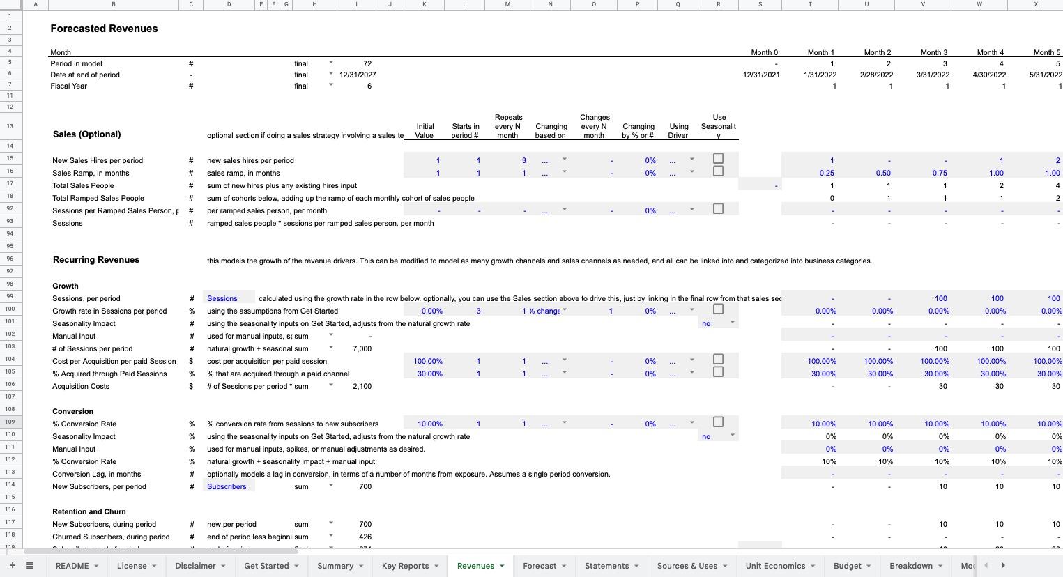 Standard Financial Model Revenues Sheet