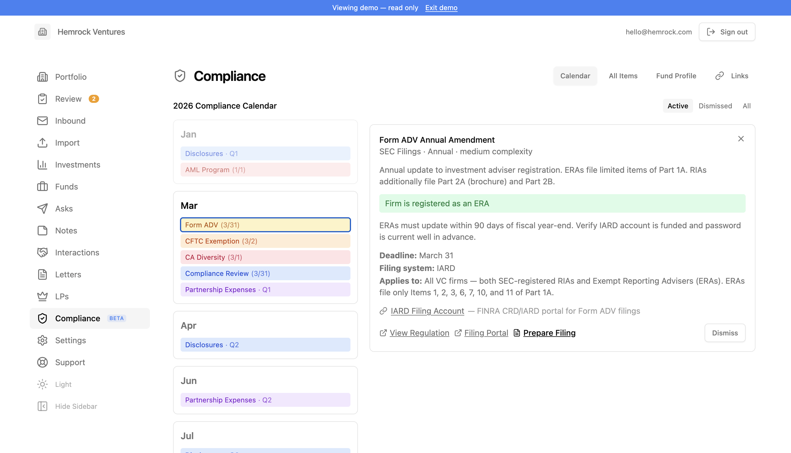 Compliance calendar