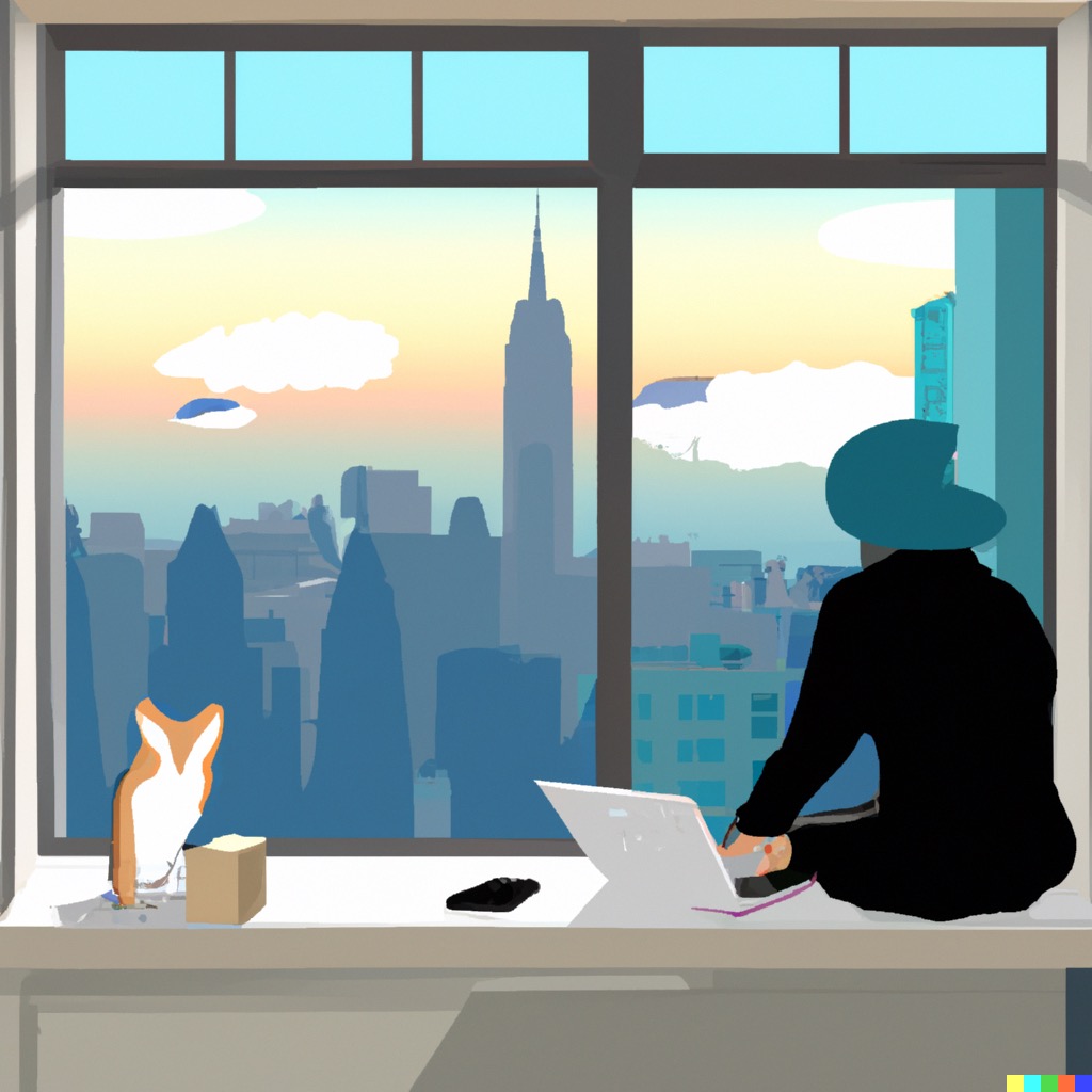 a painting in the style of edward hopper person creating a clean financial model on a computer sitting on a window sill overlooking a city skyline in the morning, by DALL-E 2